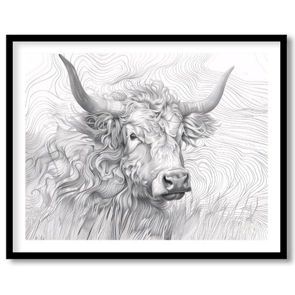 This captivating line art illustration features the head of a Highland cow, renowned for its long, … for house