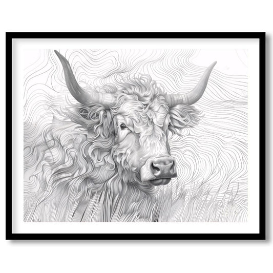 This captivating line art illustration features the head of a Highland cow, renowned for its long, … for house