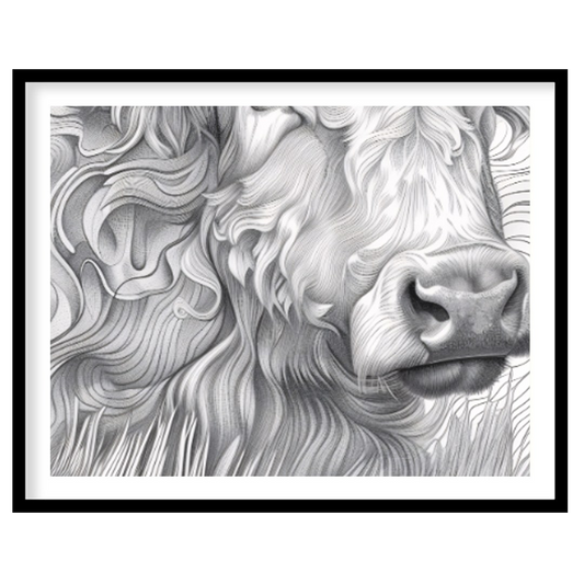 This captivating line art illustration features the head of a Highland cow, renowned for its long, … for house