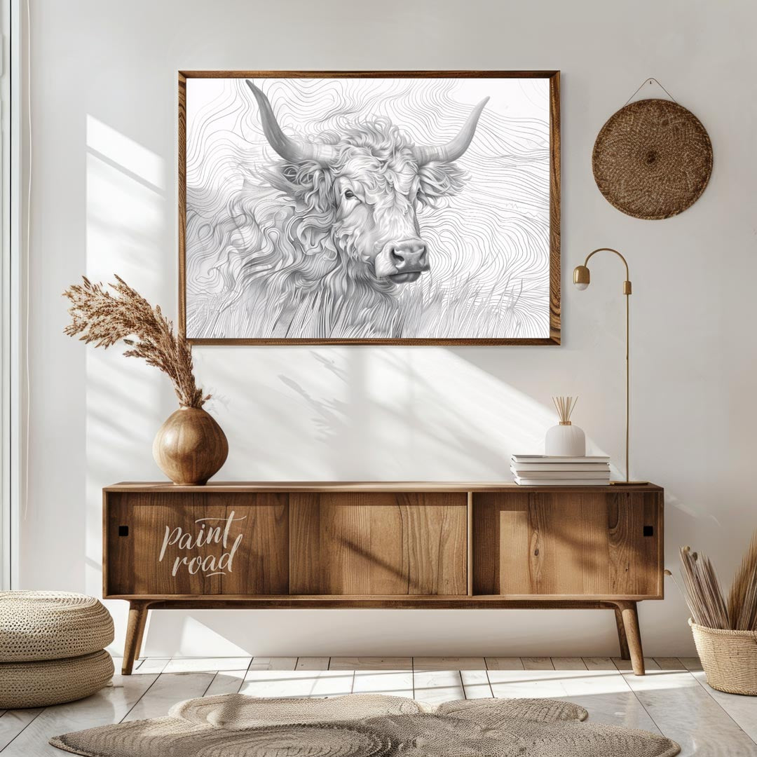 This captivating line art illustration features the head of a Highland cow, renowned for its long, … for living room