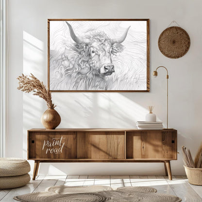 This captivating line art illustration features the head of a Highland cow, renowned for its long, … for living room