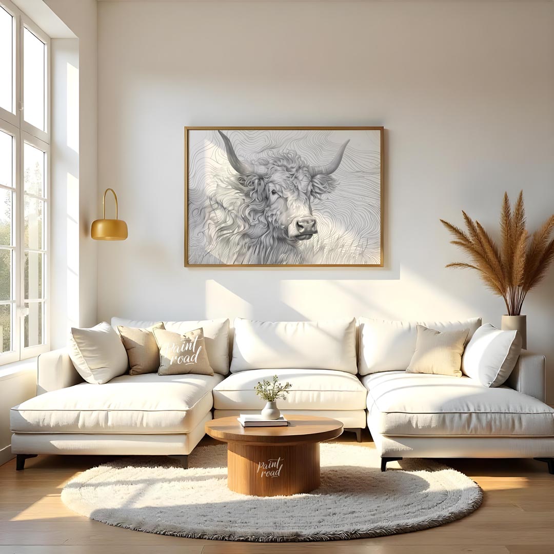This captivating line art illustration features the head of a Highland cow, renowned for its long, … for living room