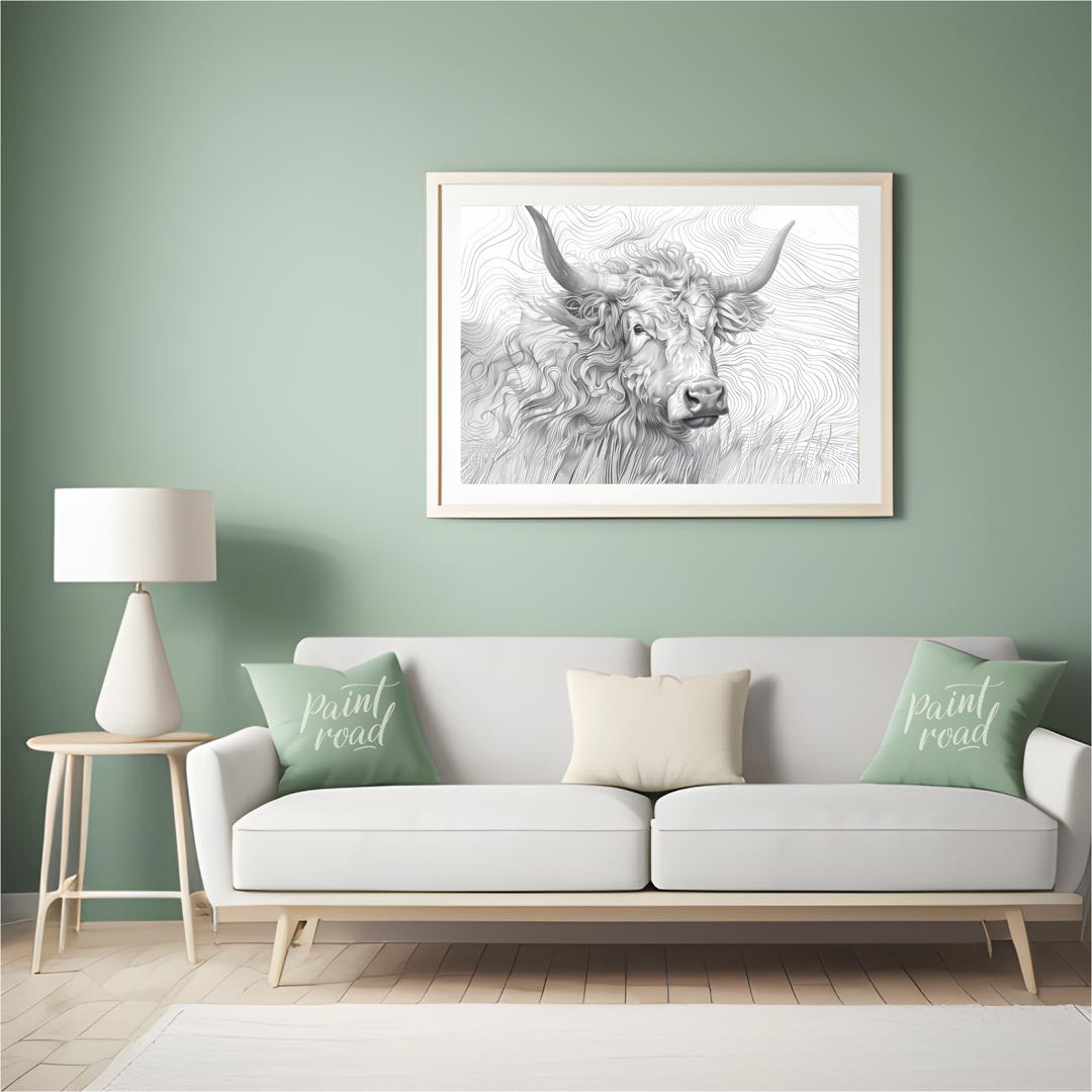 This captivating line art illustration features the head of a Highland cow, renowned for its long, … for living room