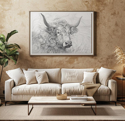 This captivating line art illustration features the head of a Highland cow, renowned for its long, … for living room
