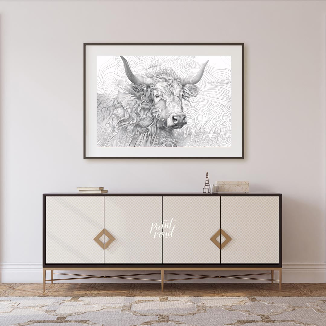 This captivating line art illustration features the head of a Highland cow, renowned for its long, … for living room