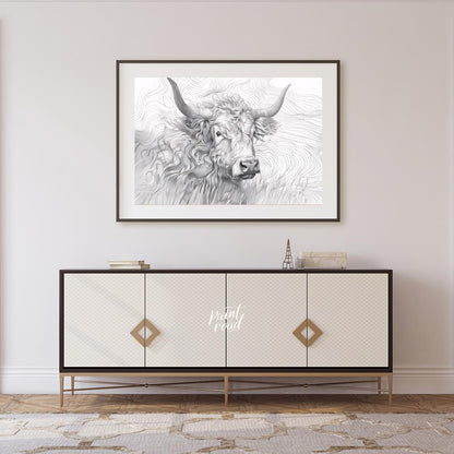 This captivating line art illustration features the head of a Highland cow, renowned for its long, … for living room