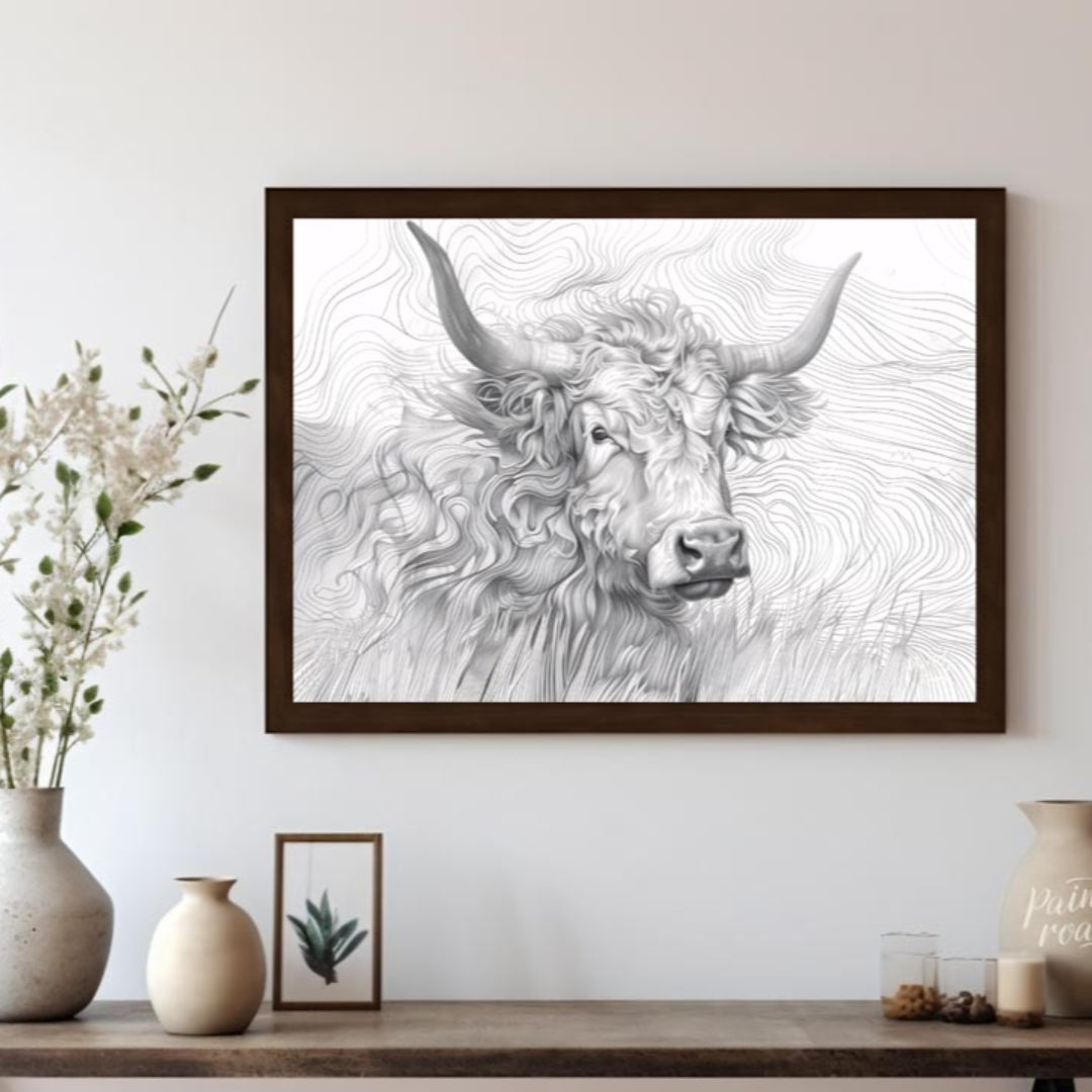 This captivating line art illustration features the head of a Highland cow, renowned for its long, … for living room