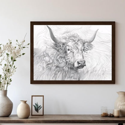 This captivating line art illustration features the head of a Highland cow, renowned for its long, … for living room