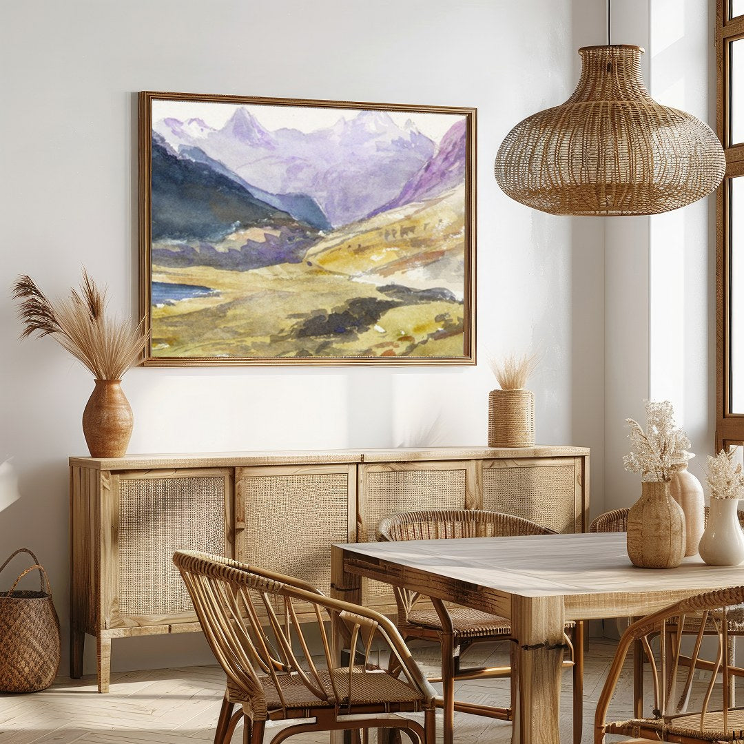 Immerse yourself in the serene beauty of the highlands with this captivating watercolor painting. for Dining