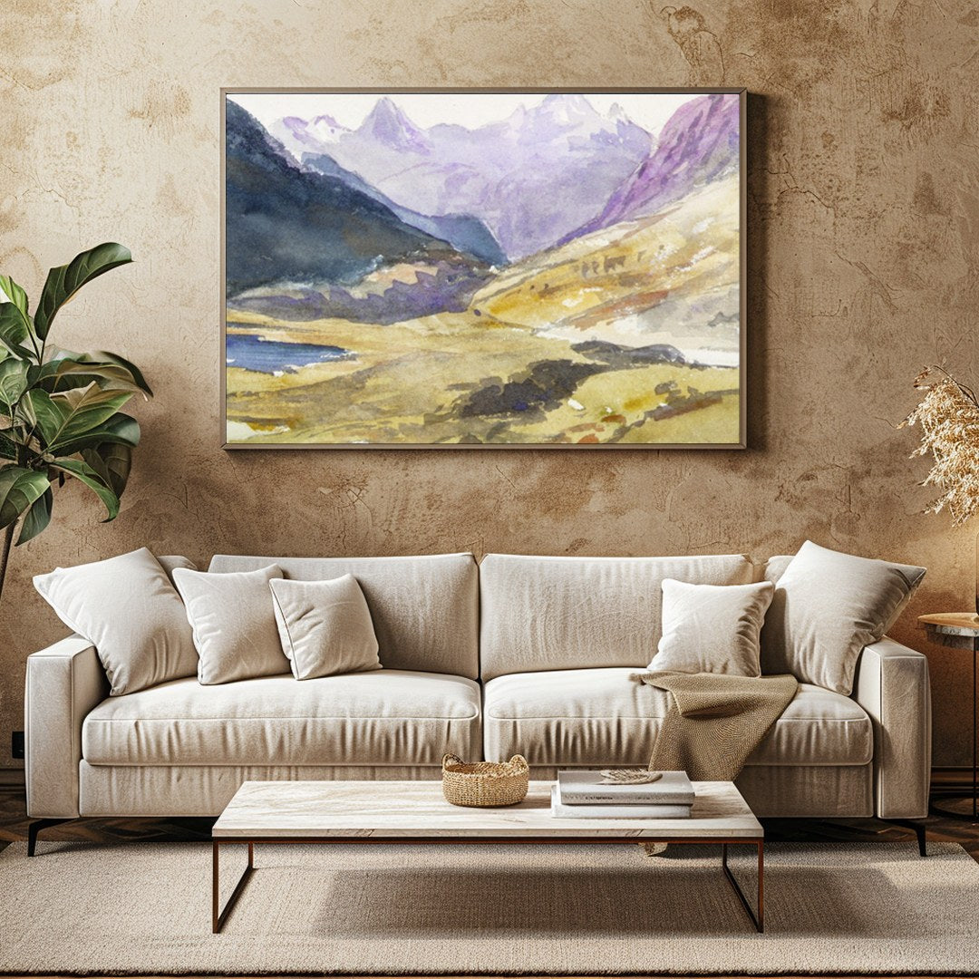 Immerse yourself in the serene beauty of the highlands with this captivating watercolor painting. for Family Room