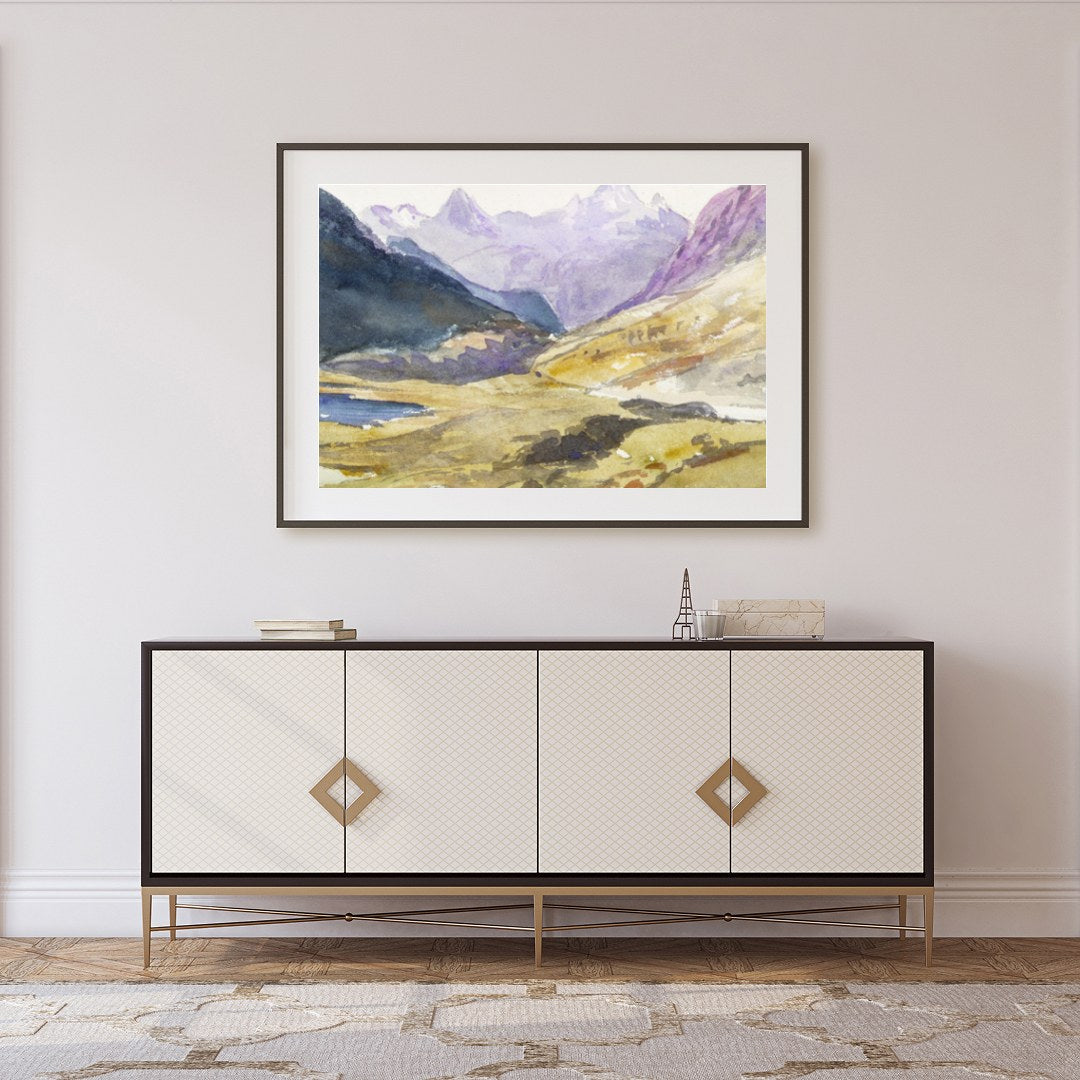 Immerse yourself in the serene beauty of the highlands with this captivating watercolor painting. for Foyer