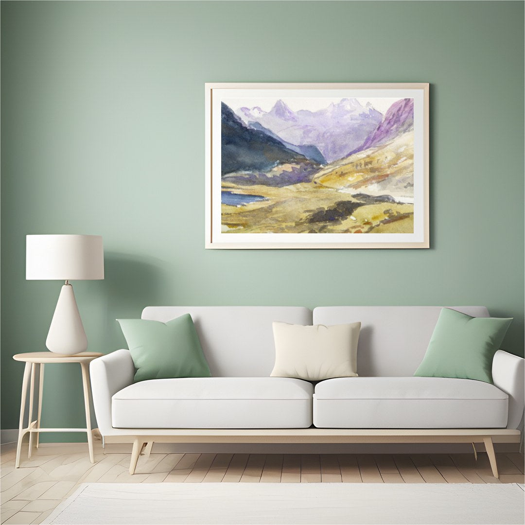 Immerse yourself in the serene beauty of the highlands with this captivating watercolor painting. for Hall