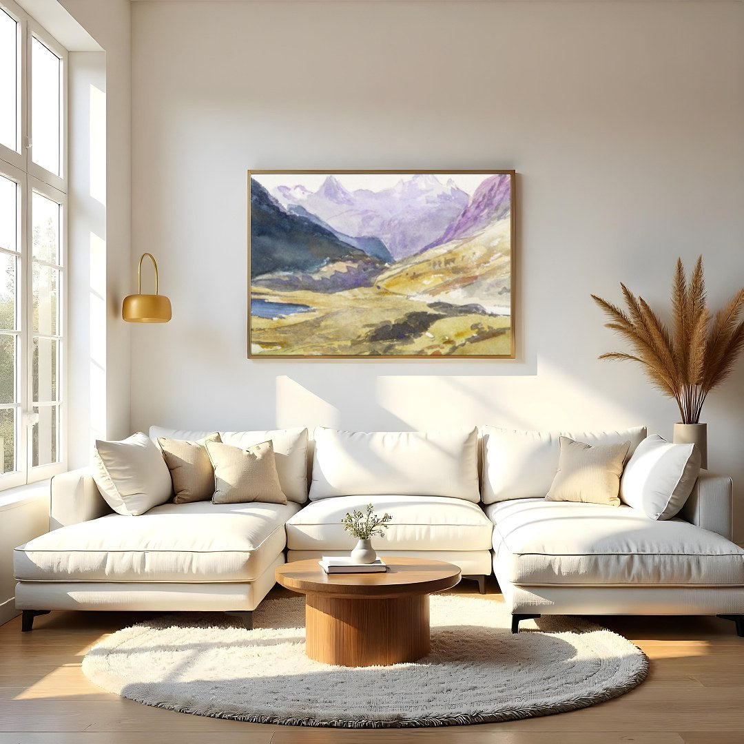Immerse yourself in the serene beauty of the highlands with this captivating watercolor painting. for Living Room
