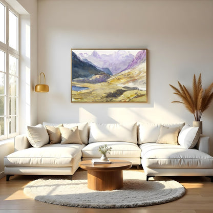 Immerse yourself in the serene beauty of the highlands with this captivating watercolor painting. for Living Room