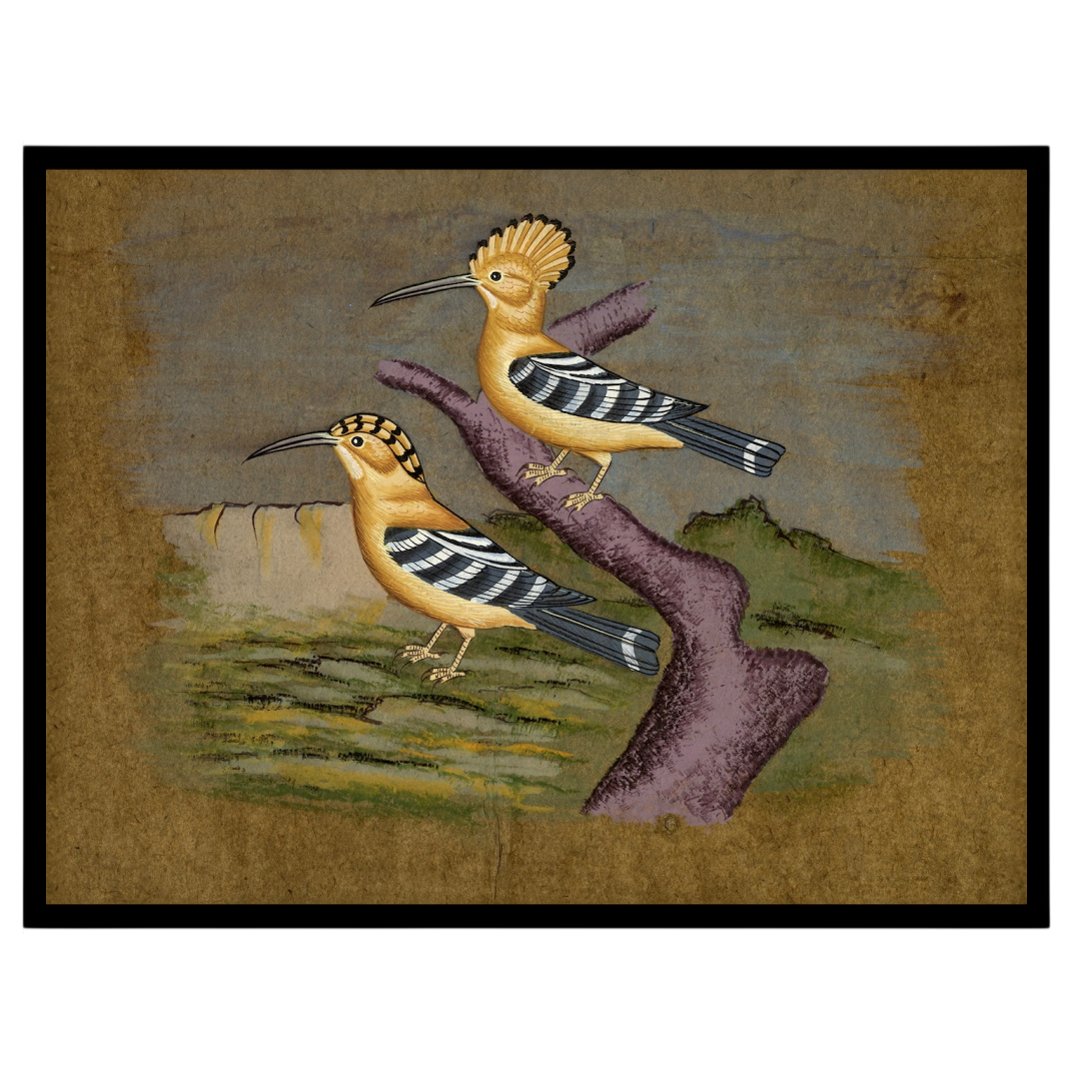 This captivating artwork showcases a pair of hoopoes elegantly perched against a serene Indian for area