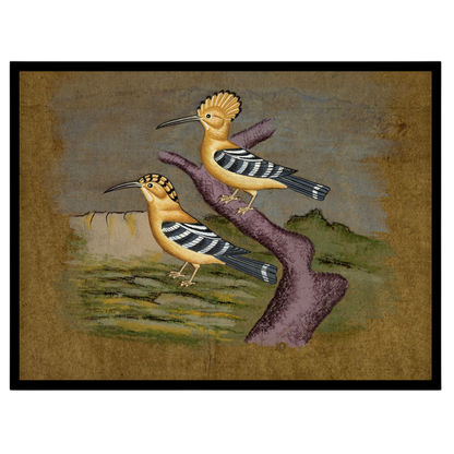 This captivating artwork showcases a pair of hoopoes elegantly perched against a serene Indian for area