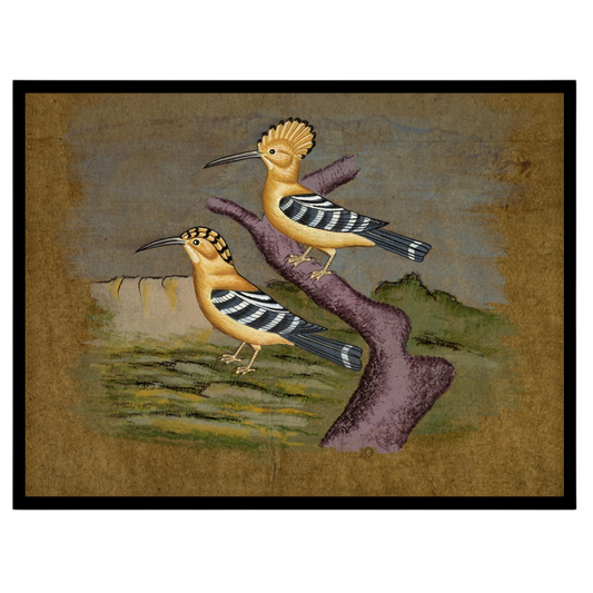 This captivating artwork showcases a pair of hoopoes elegantly perched against a serene Indian for area