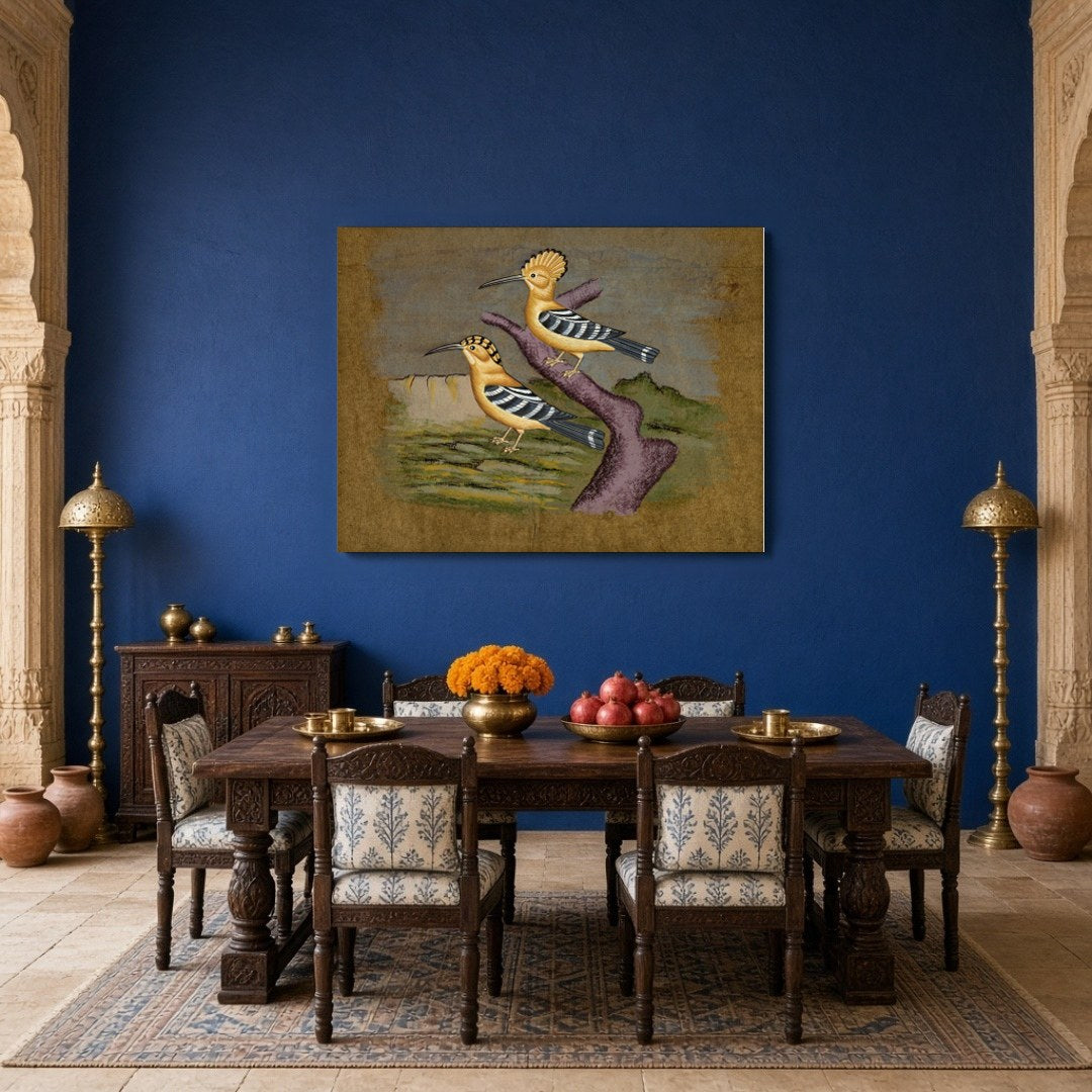 This captivating artwork showcases a pair of hoopoes elegantly perched against a serene Indian for Dining