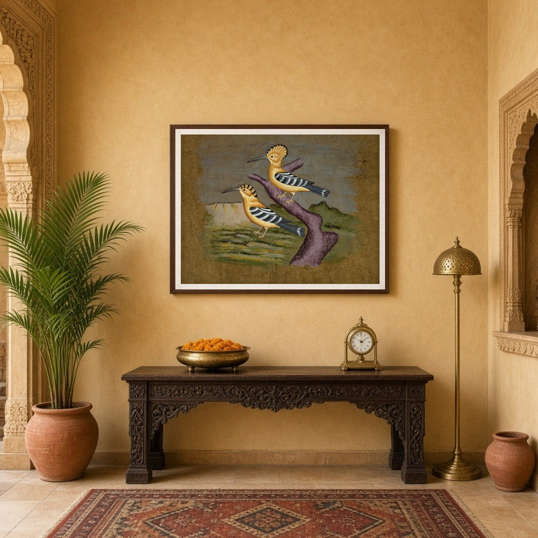 This captivating artwork showcases a pair of hoopoes elegantly perched against a serene Indian for Entrance