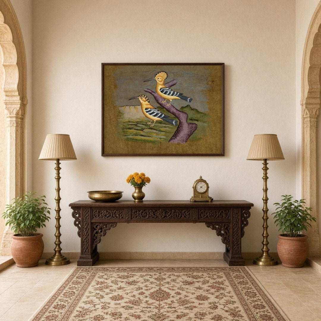 This captivating artwork showcases a pair of hoopoes elegantly perched against a serene Indian for Hallway