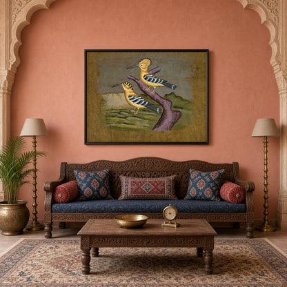 This captivating artwork showcases a pair of hoopoes elegantly perched against a serene Indian for Living Room