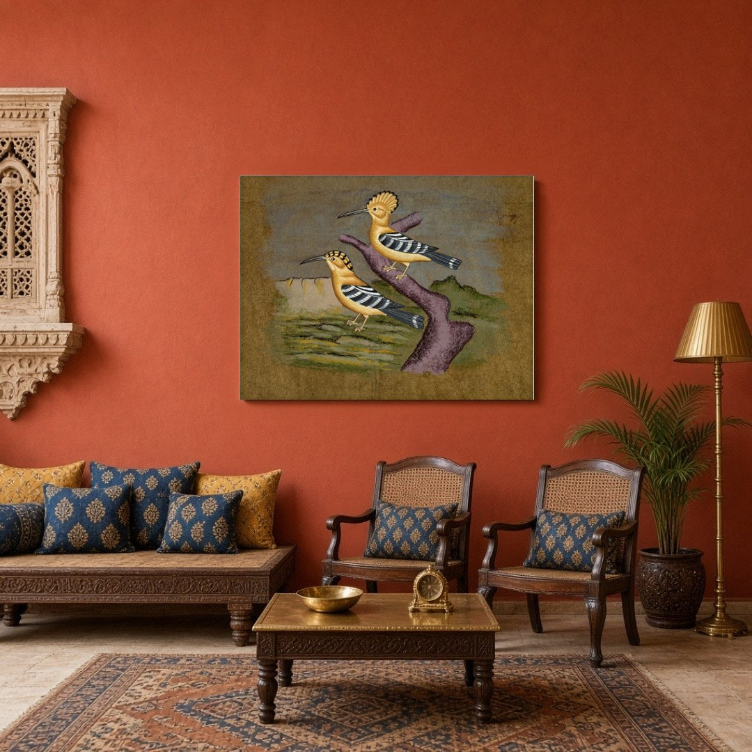 This captivating artwork showcases a pair of hoopoes elegantly perched against a serene Indian for Sitting Area