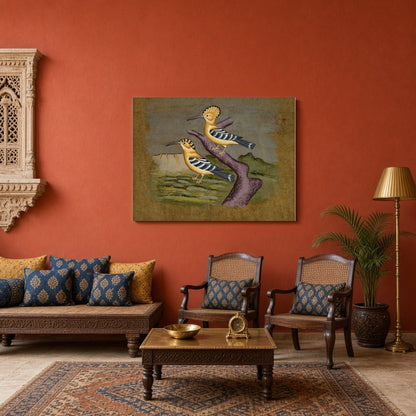 This captivating artwork showcases a pair of hoopoes elegantly perched against a serene Indian for Sitting Area