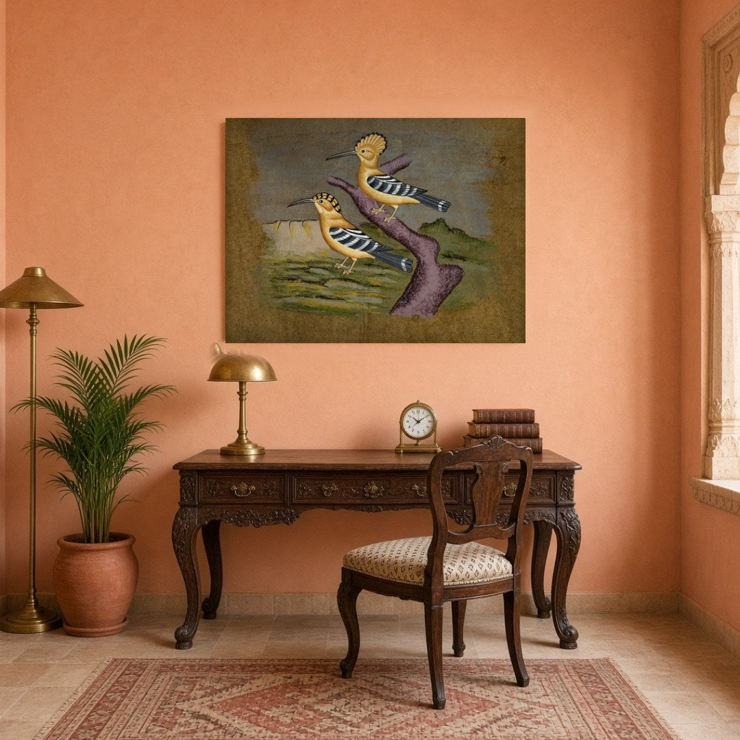 This captivating artwork showcases a pair of hoopoes elegantly perched against a serene Indian for Study