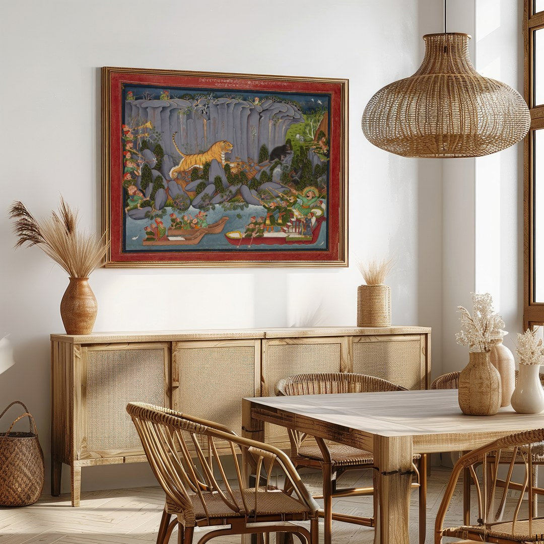 Immerse yourself in the vibrant allure of a bustling jungle scene, artfully depicting a tiger for Dining
