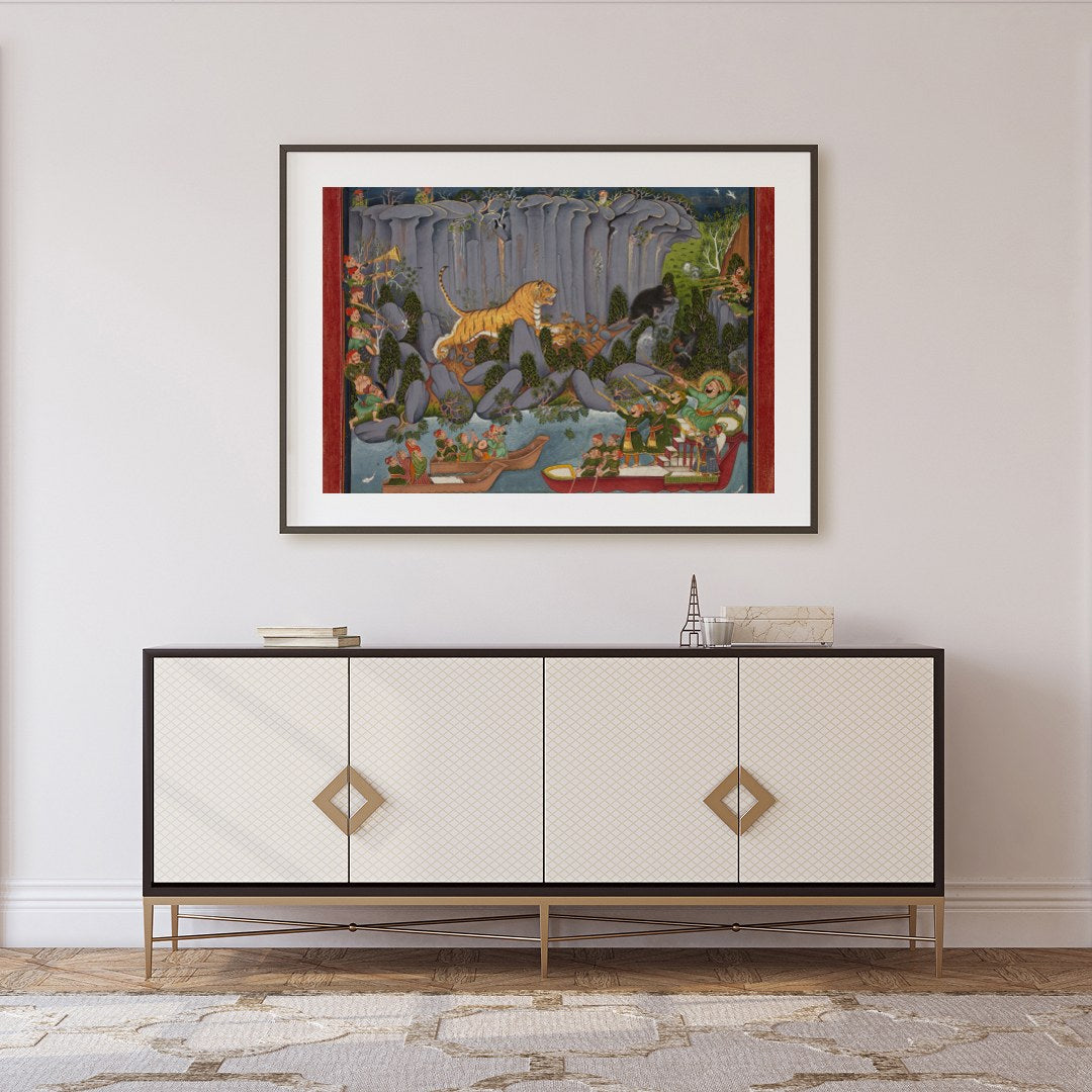 Immerse yourself in the vibrant allure of a bustling jungle scene, artfully depicting a tiger for Foyer