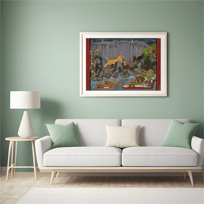 Immerse yourself in the vibrant allure of a bustling jungle scene, artfully depicting a tiger for Hall