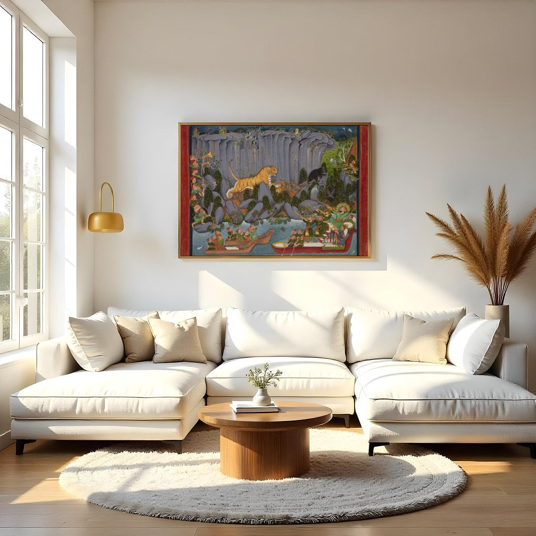 Immerse yourself in the vibrant allure of a bustling jungle scene, artfully depicting a tiger for Living Room