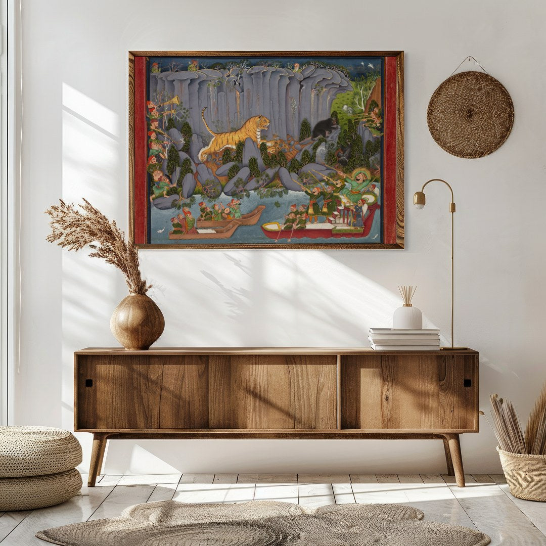 Immerse yourself in the vibrant allure of a bustling jungle scene, artfully depicting a tiger for Sitting Area