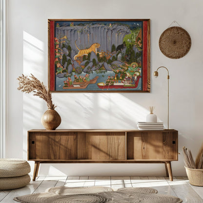 Immerse yourself in the vibrant allure of a bustling jungle scene, artfully depicting a tiger for Sitting Area