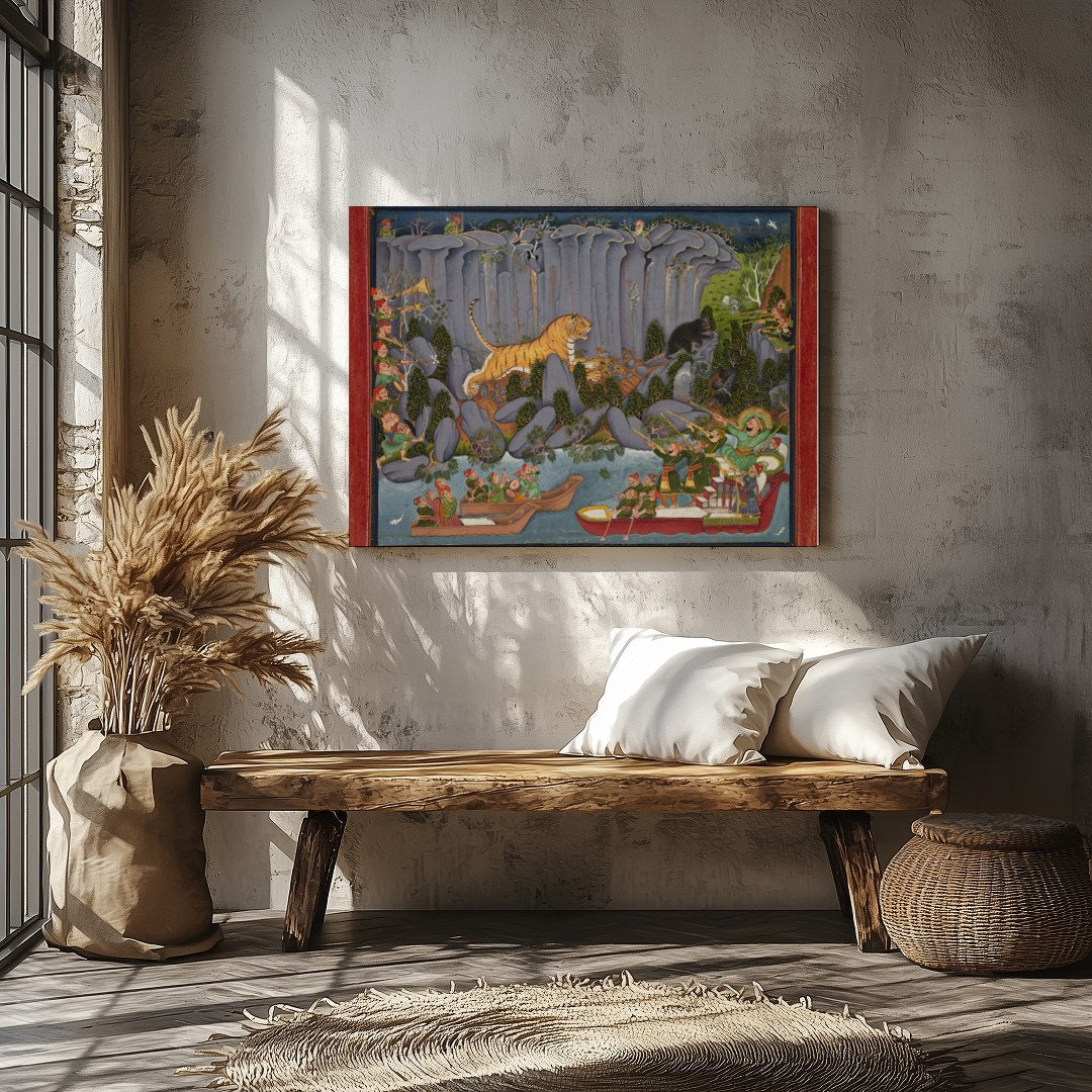 Immerse yourself in the vibrant allure of a bustling jungle scene, artfully depicting a tiger for Veranda