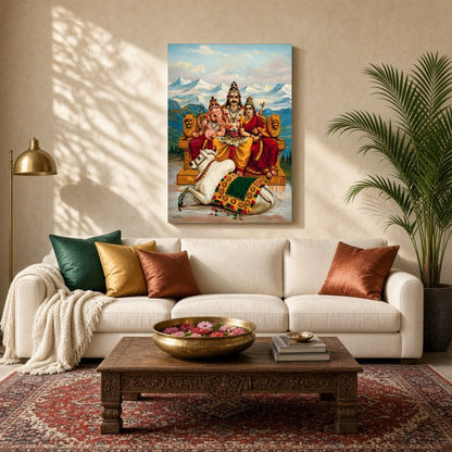 Immerse yourself in this breathtaking rendition of Lord Shiva seated at the heart of Mount Kailash, for Living Room