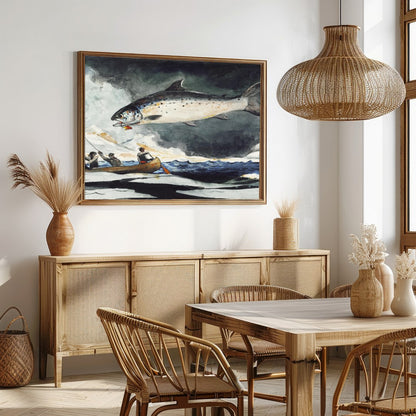 This stunning piece captures the thrilling moment of a giant salmon leaping against a stormy sea for Dining