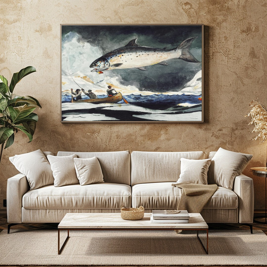This stunning piece captures the thrilling moment of a giant salmon leaping against a stormy sea for Family Room