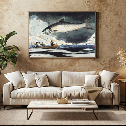 This stunning piece captures the thrilling moment of a giant salmon leaping against a stormy sea for Family Room