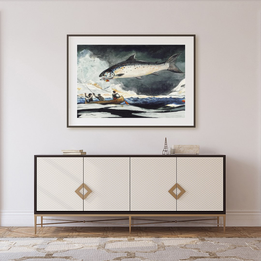 This stunning piece captures the thrilling moment of a giant salmon leaping against a stormy sea for Foyer