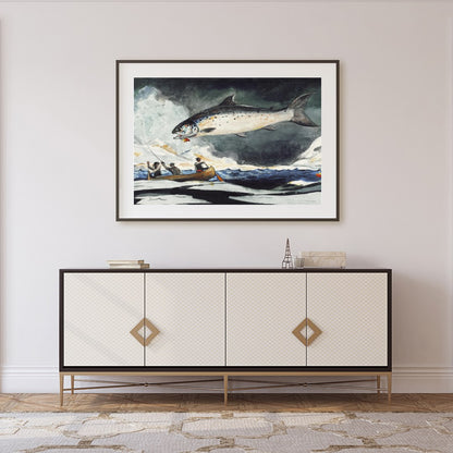 This stunning piece captures the thrilling moment of a giant salmon leaping against a stormy sea for Foyer