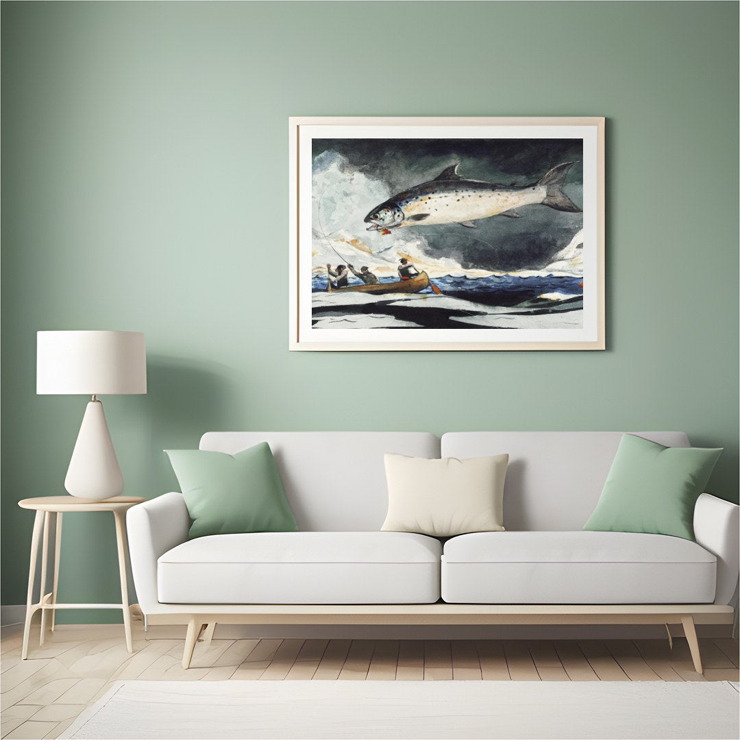This stunning piece captures the thrilling moment of a giant salmon leaping against a stormy sea for Hall