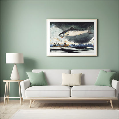 This stunning piece captures the thrilling moment of a giant salmon leaping against a stormy sea for Hall