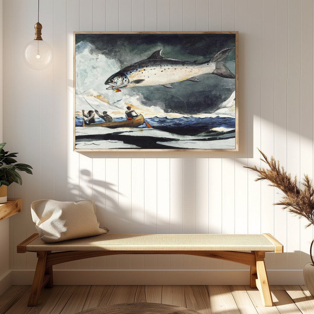This stunning piece captures the thrilling moment of a giant salmon leaping against a stormy sea for Hallway