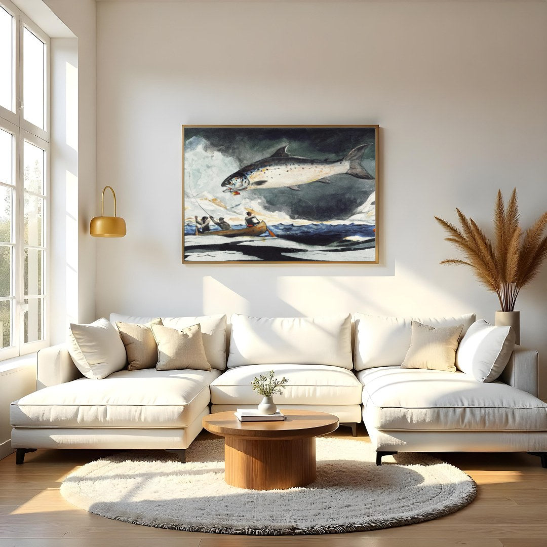 This stunning piece captures the thrilling moment of a giant salmon leaping against a stormy sea for Living Room