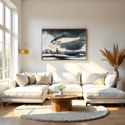 This stunning piece captures the thrilling moment of a giant salmon leaping against a stormy sea for Living Room