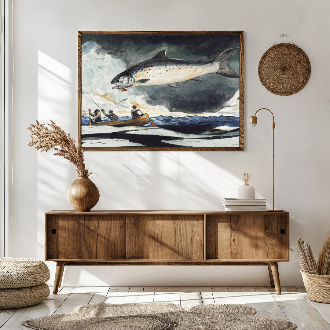 This stunning piece captures the thrilling moment of a giant salmon leaping against a stormy sea for Sitting Area