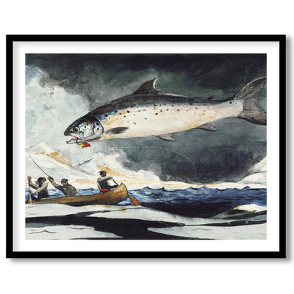 This stunning piece captures the thrilling moment of a giant salmon leaping against a stormy sea for sweet-home