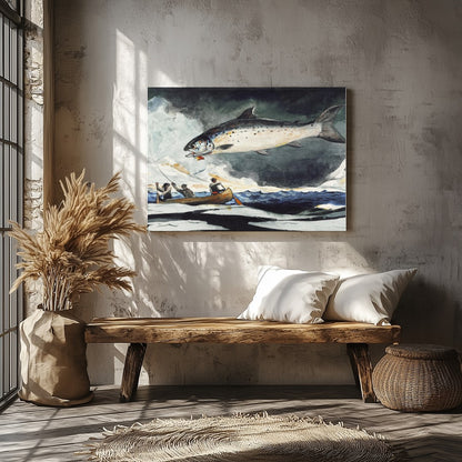 This stunning piece captures the thrilling moment of a giant salmon leaping against a stormy sea for Veranda