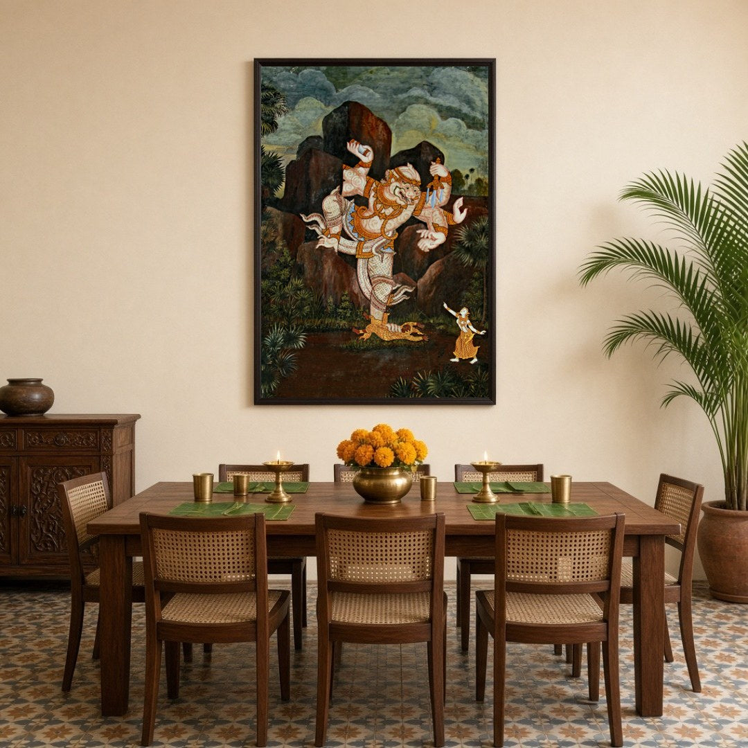 Immerse yourself in the divine storytelling of this breathtaking Hanuman piece, embodying the for Dining